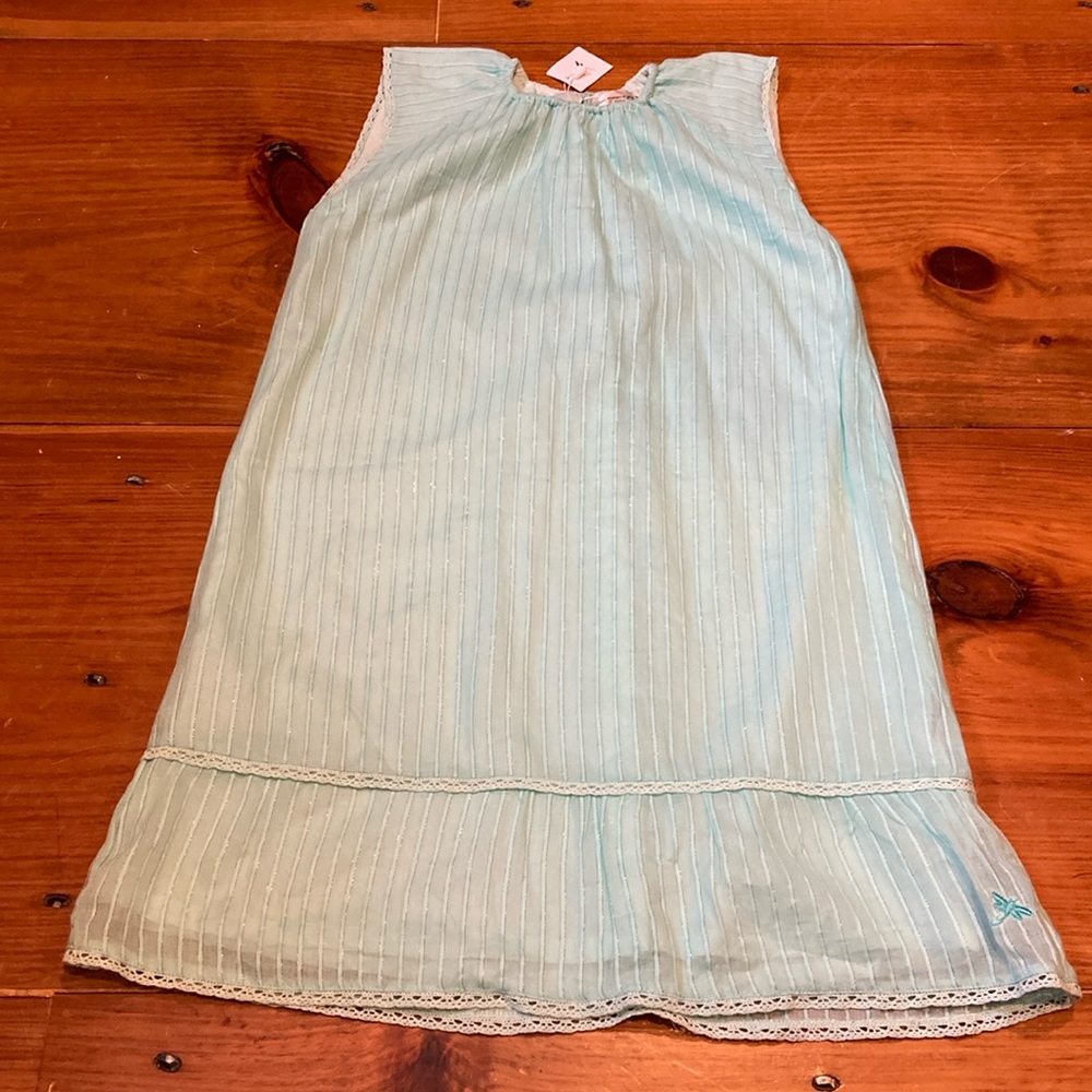New! BLEU COMME GRIS 12 Turquoise Metallic Stripe Dress crochet trim